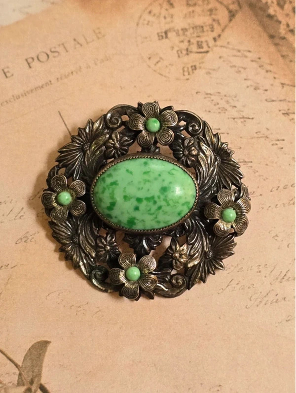 Art Nouveau Silver Tone Green Cabochon Floral Brooch Ornate Openwork